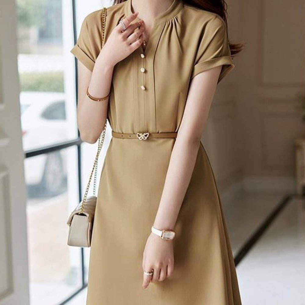 オフィスカジュアル 夏 ベルト付きスタンドカラー半袖ワンピース ミレジェネ