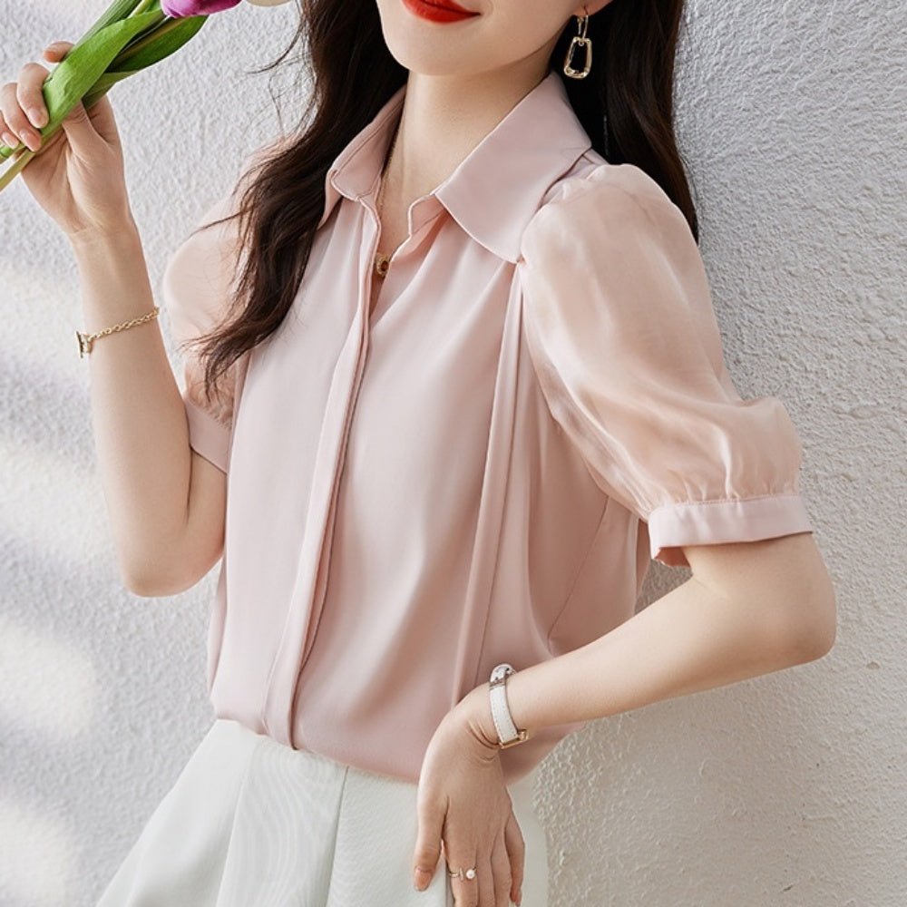 異素材切替パフスリーブブラウス|オフィスカジュアル レディース 通販【ミレジェネ】