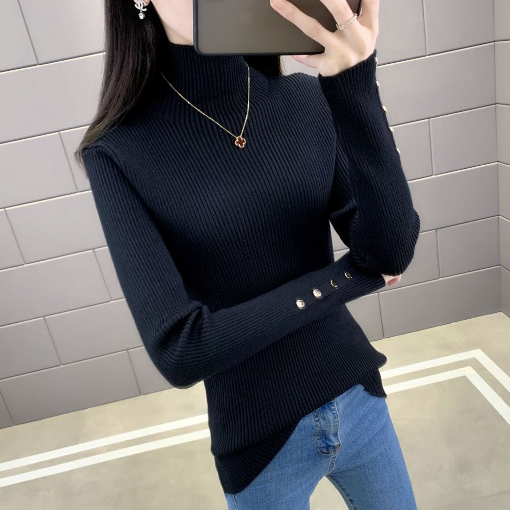金ボタンハイネックリブニット|オフィスカジュアル レディース 通販【ミレジェネ】