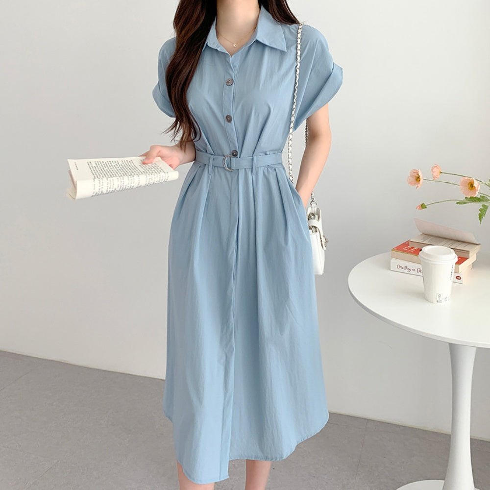 共布ベルト付き開襟半袖ワンピース|オフィスカジュアル レディース 通販 Millennial Generation【ミレジェネ】