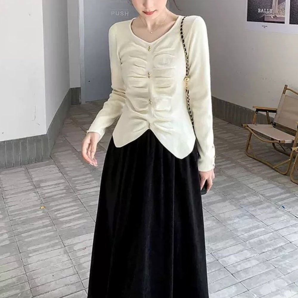 ゴールドボタンハートネックニットトップス|オフィスカジュアル レディース 通販【ミレジェネ】