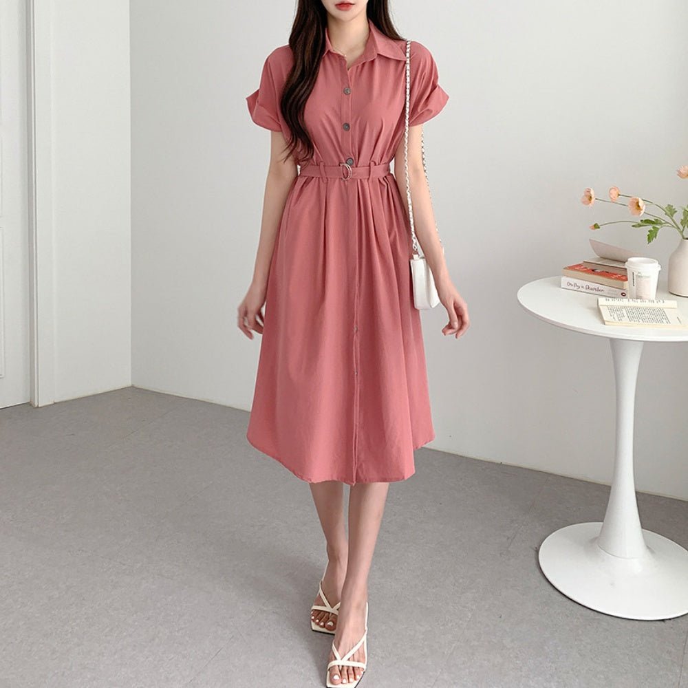 共布ベルト付き開襟半袖ワンピース|オフィスカジュアル レディース 通販 Millennial Generation【ミレジェネ】