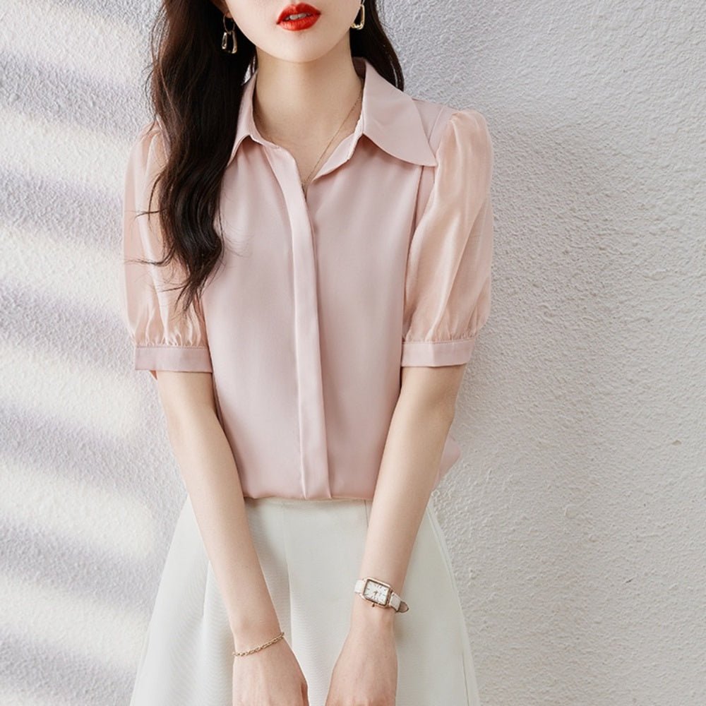 異素材切替パフスリーブブラウス|オフィスカジュアル レディース 通販【ミレジェネ】