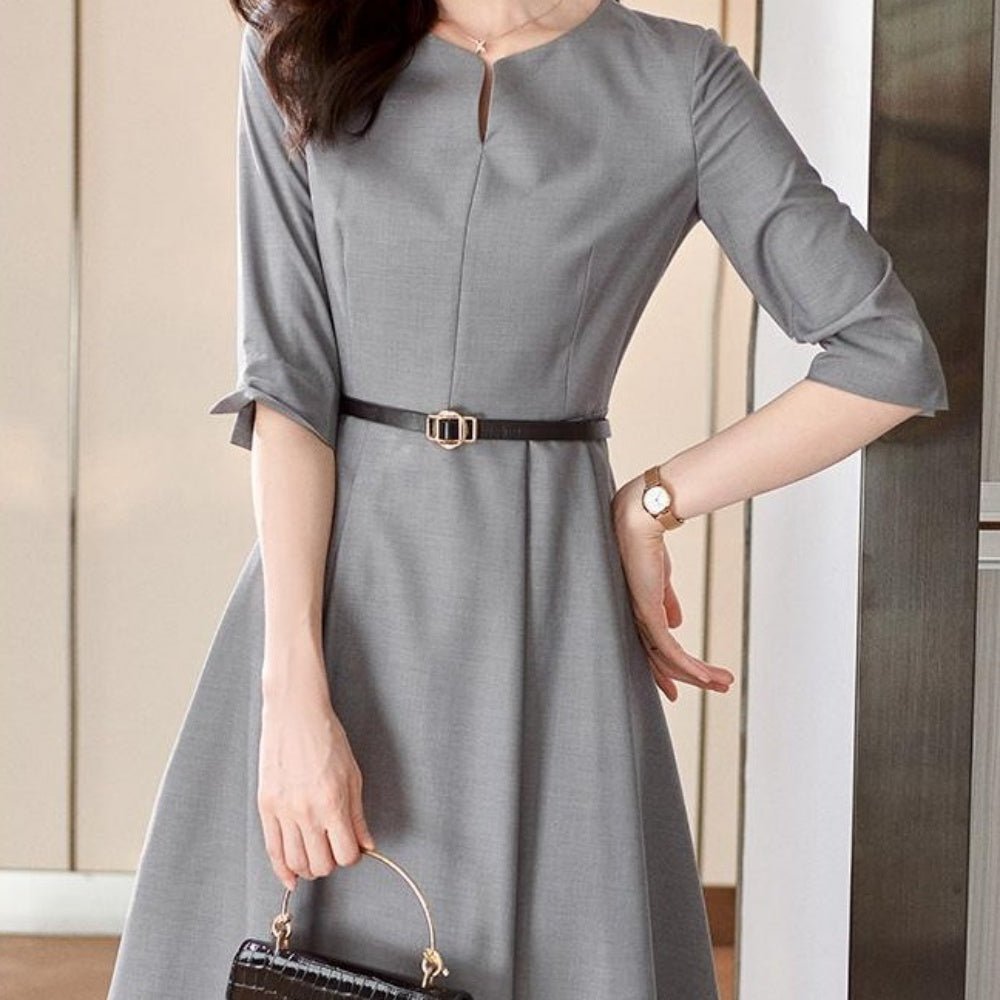ウエストベルト七分袖ワンピース|オフィスカジュアル レディース 通販【ミレジェネ】