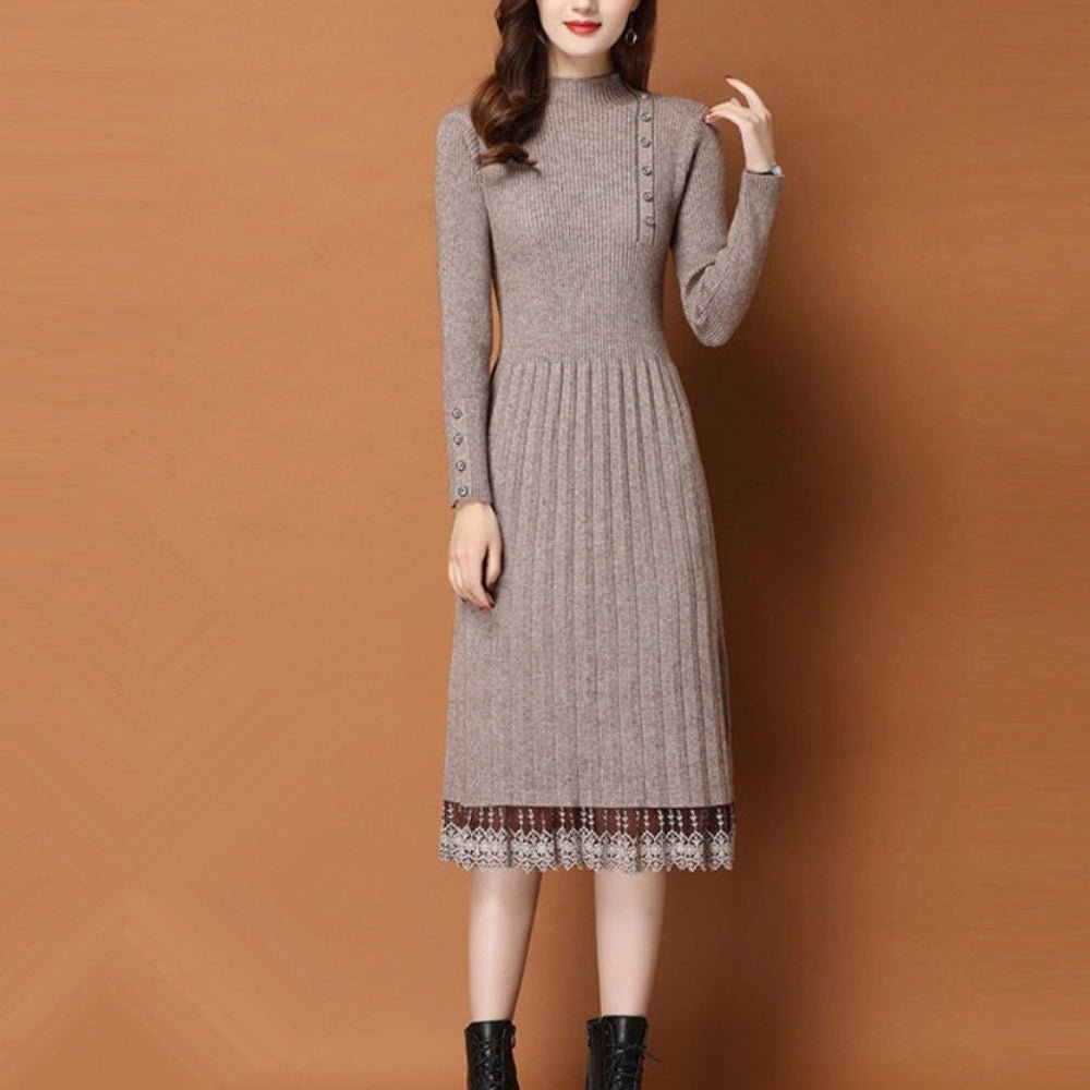 オフィスカジュアル 秋 裾レースボタンニットワンピース ミレジェネ