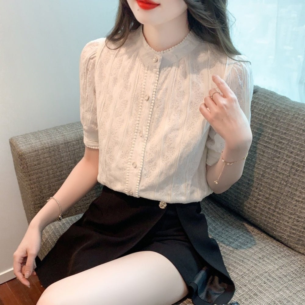 レースモチーフパールボタンブラウス|オフィスカジュアル レディース 通販【ミレジェネ】