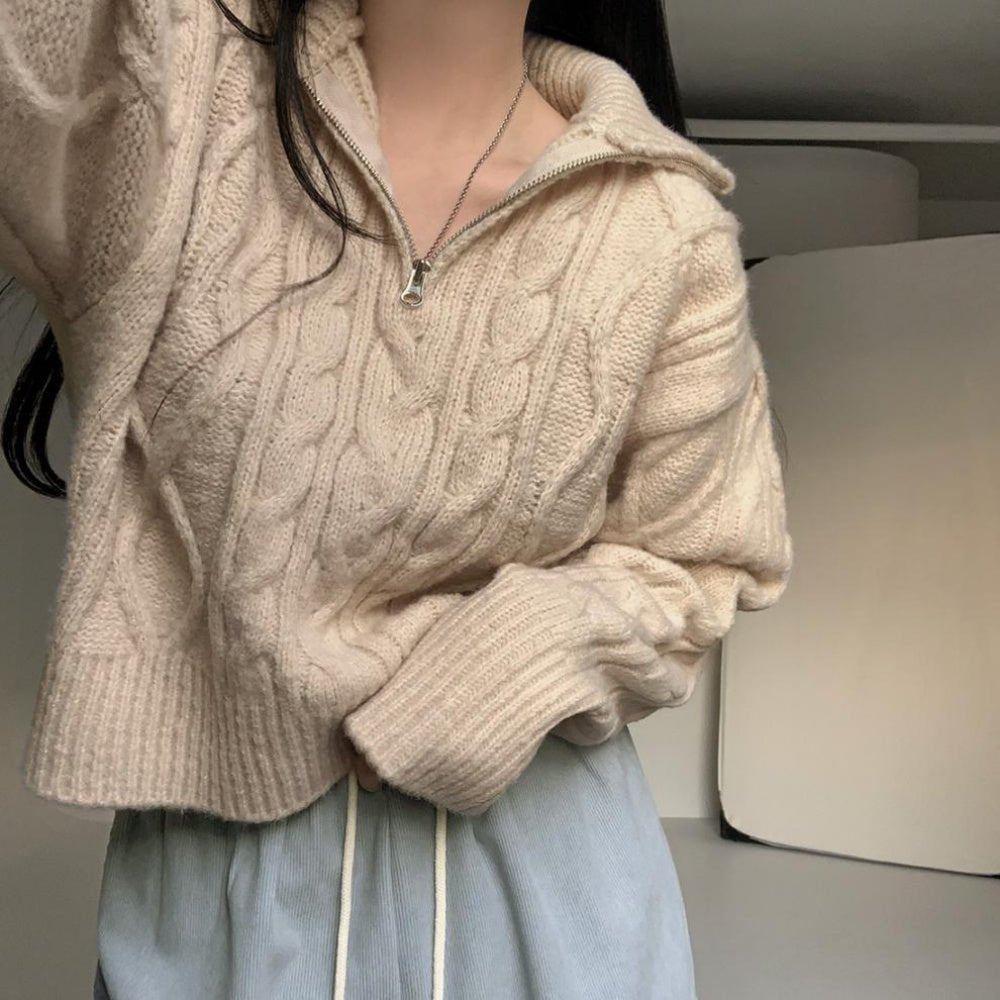 オフィスカジュアル 冬 ハーフジップケーブルニット ミレジェネ