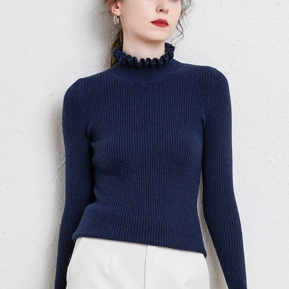 オフィスカジュアル 冬 メロウフリルハイゲージニット ミレジェネ