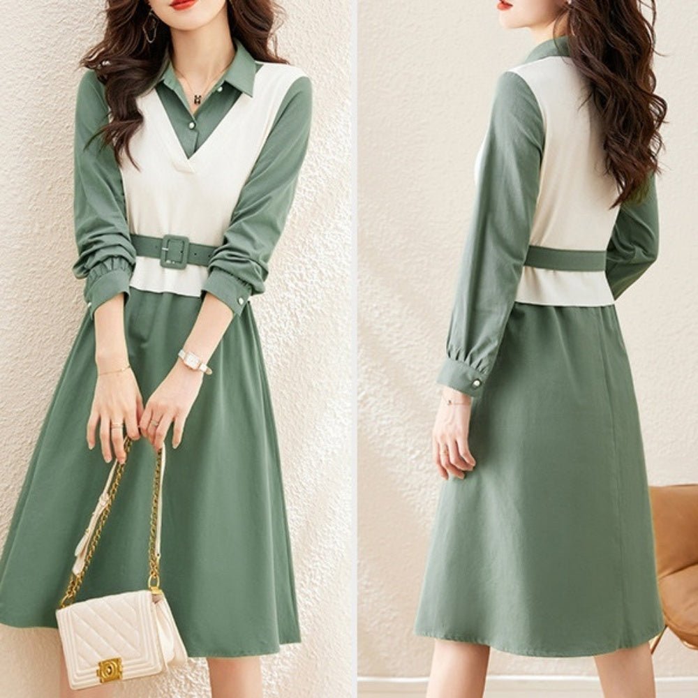 オフィスカジュアル 秋 フェイクレイヤードシャツワンピース ミレジェネ