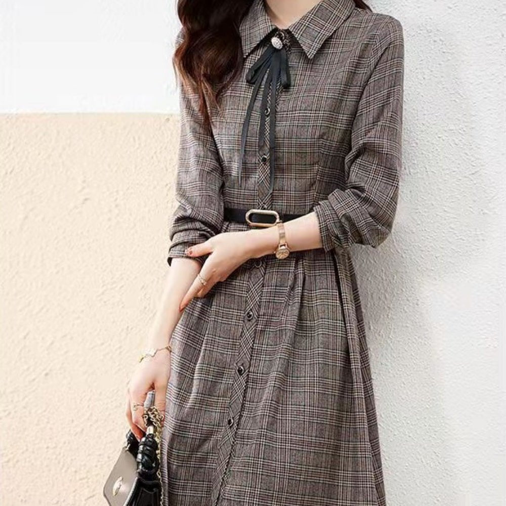 リボン付きチェック柄ひざ丈ワンピース|オフィスカジュアル レディース 通販【ミレジェネ】