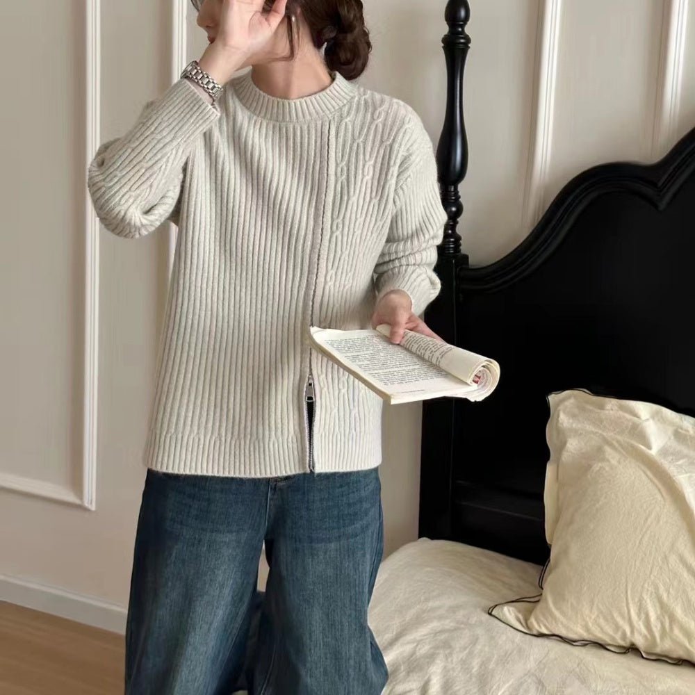 オフィスカジュアル 冬 ラウンドネックジップセーター フロントボタンミディアムワンピース ミレジェネ