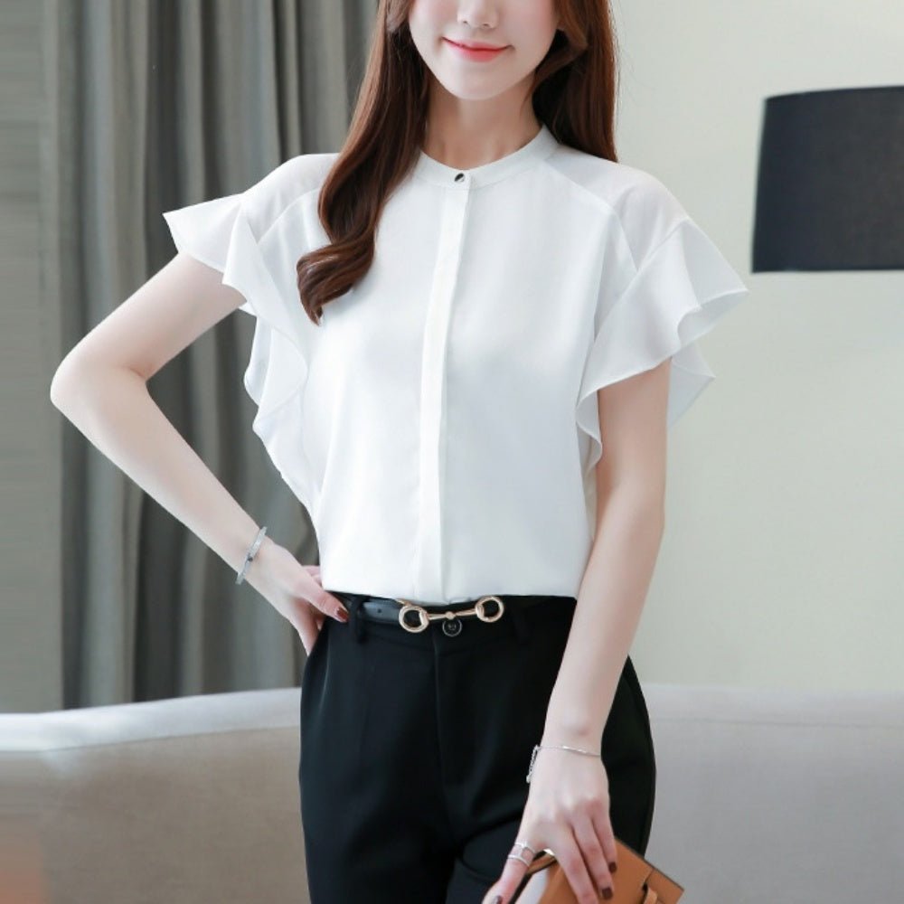 オフィスカジュアル 夏 フリル袖ラウンドネックシフォンブラウス ミレジェネ