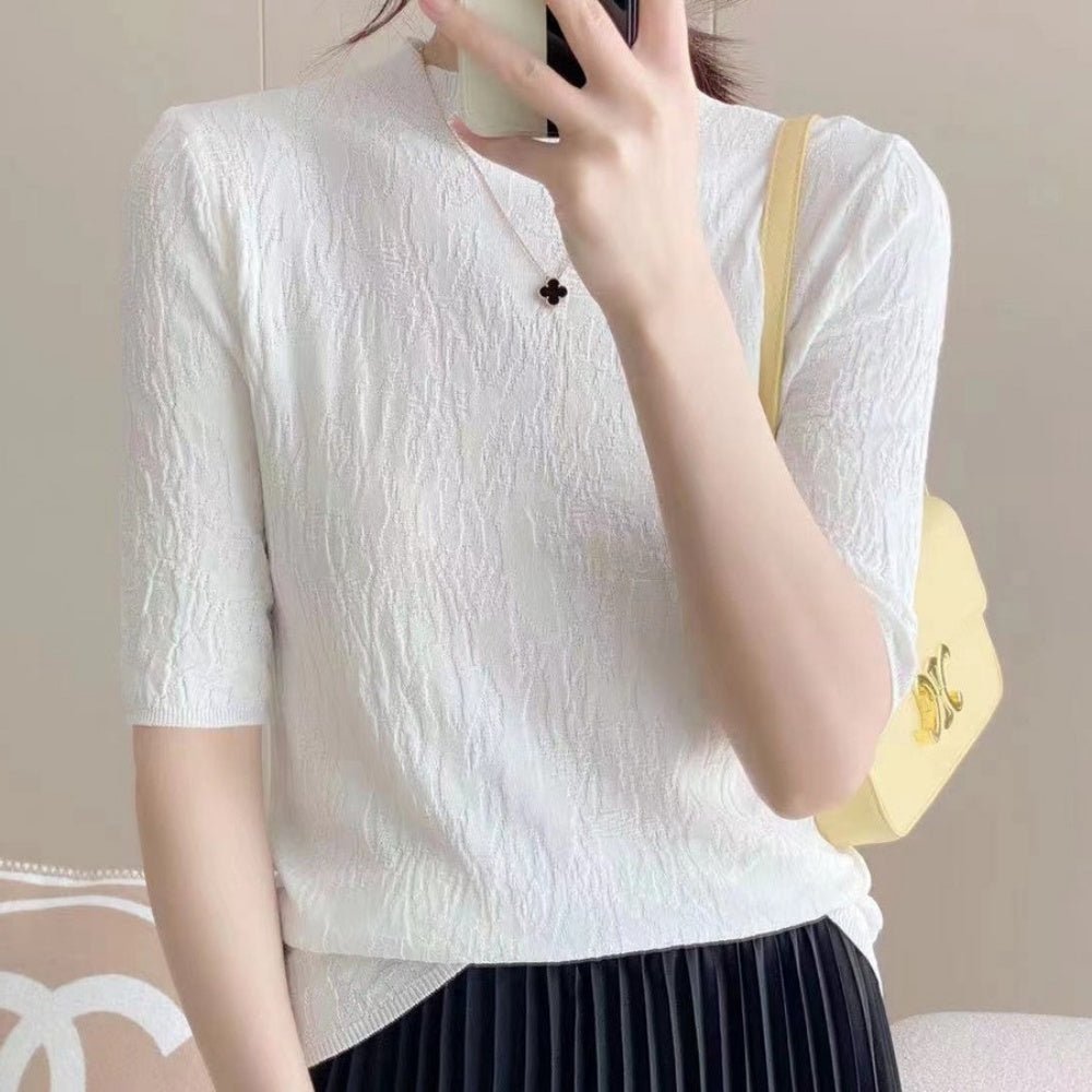 ジャガードハイネック半袖トップス|オフィスカジュアル レディース 通販【ミレジェネ】