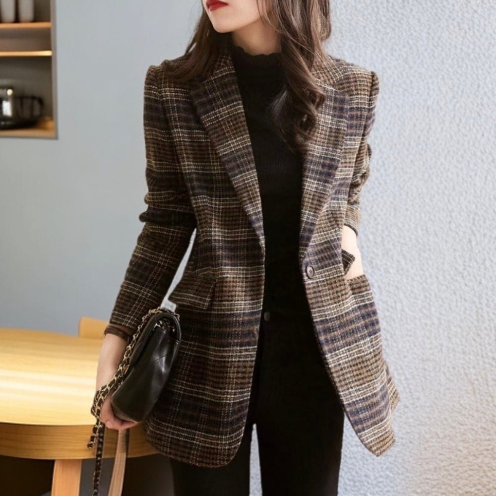 オフィスカジュアル 秋 チェック柄テーラードジャケット ミレジェネ