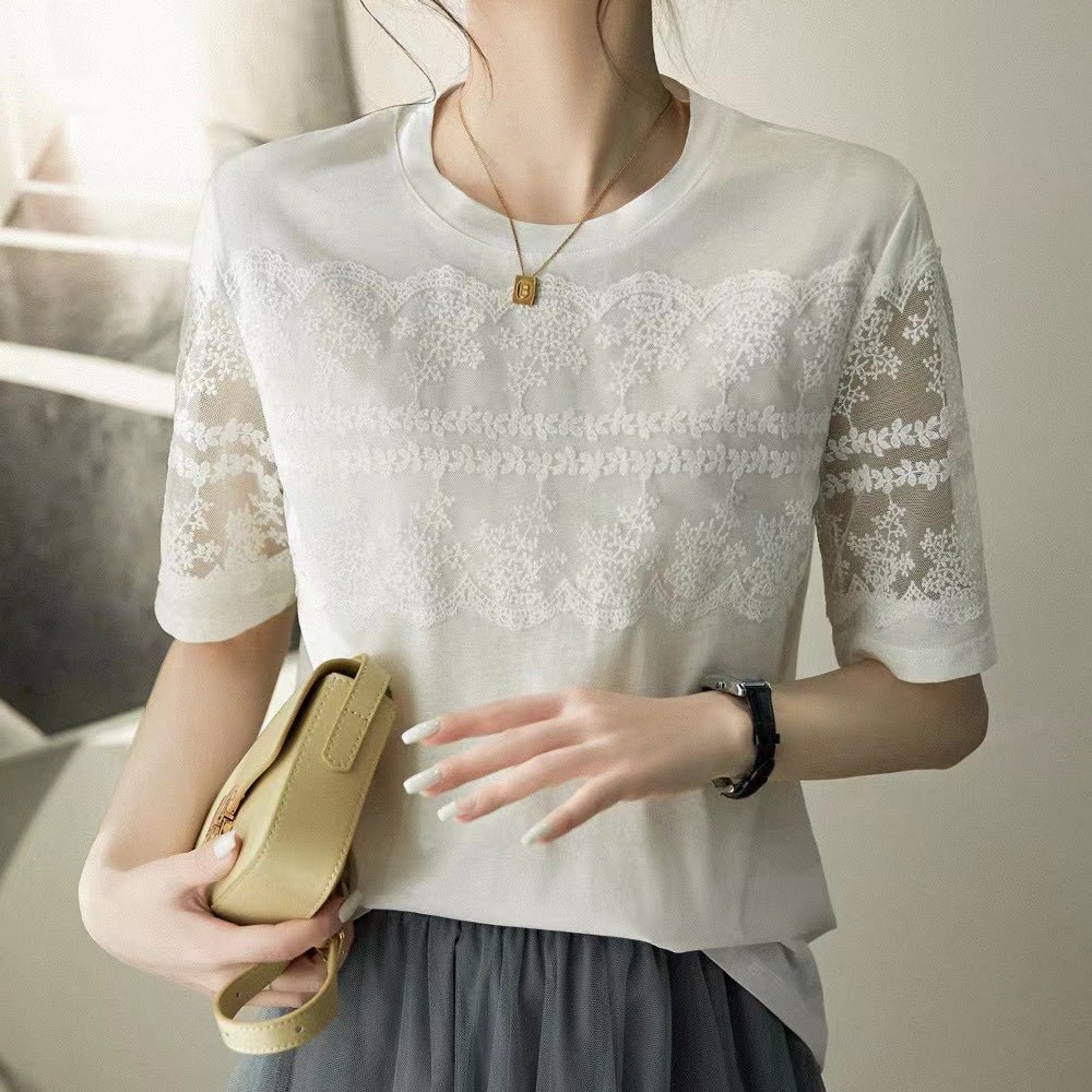 オフィスカジュアル 春 袖レースラウンドネックカットソー ミレジェネ