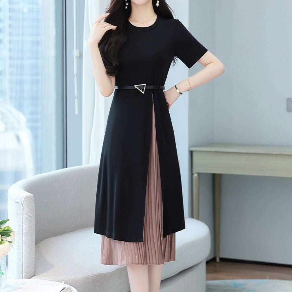 ベルト付きプリーツ切り替え半袖ワンピース|オフィスカジュアル レディース 通販 Millennial Generation【ミレジェネ】