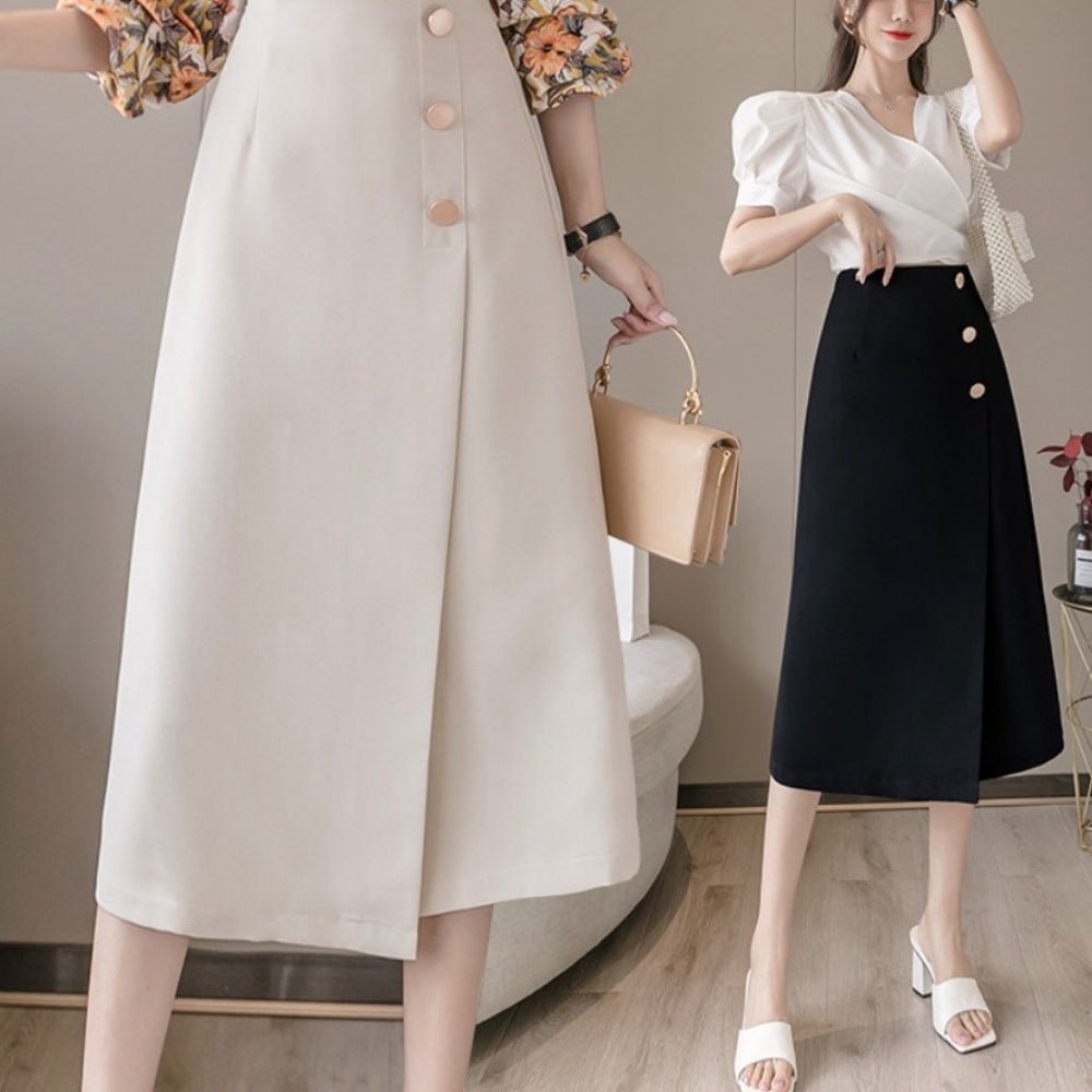 オフィスカジュアル 春 夏 飾りボタンミディアムタイトスカート ミレジェネ