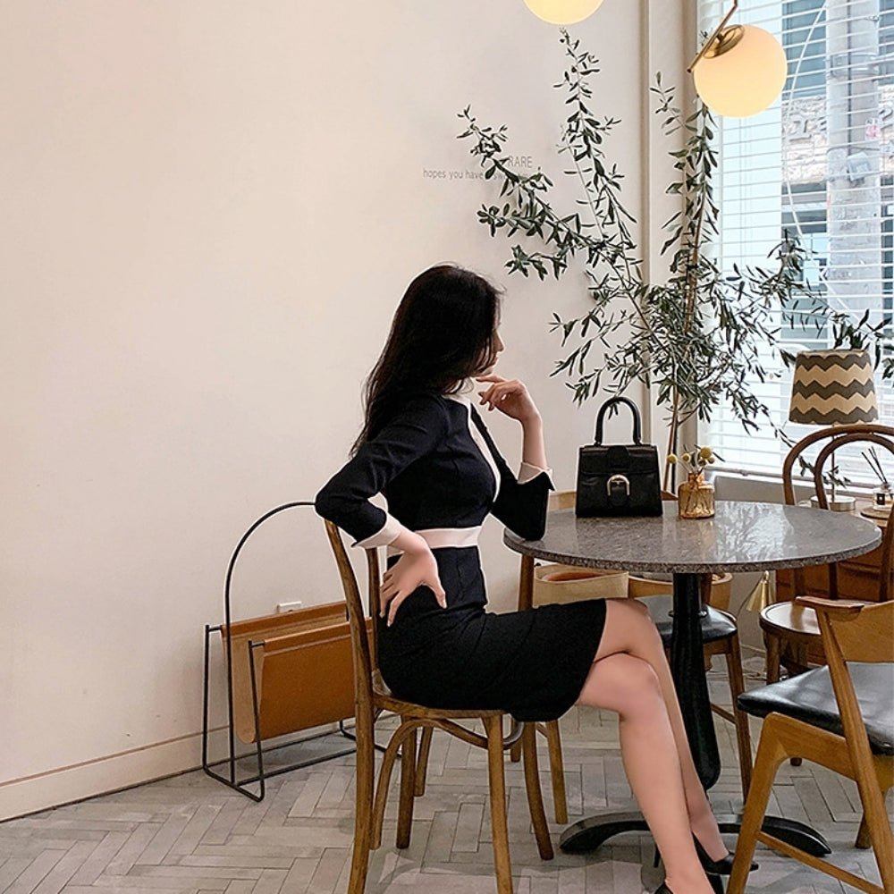 配色ラインVネックスリムワンピース|オフィスカジュアル レディース 通販【ミレジェネ】