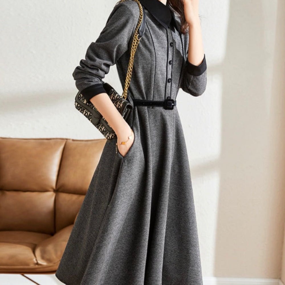 襟付き腰ベルトロングワンピース|オフィスカジュアル レディース 通販【ミレジェネ】