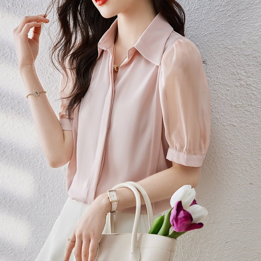 異素材切替パフスリーブブラウス|オフィスカジュアル レディース 通販【ミレジェネ】