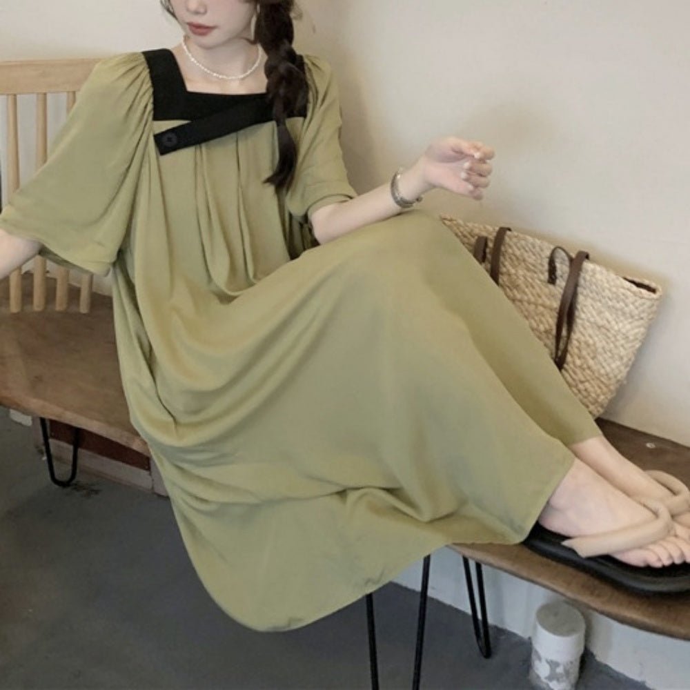 オフィスカジュアル 夏 スクエアネックタックロングワンピース ミレジェネ