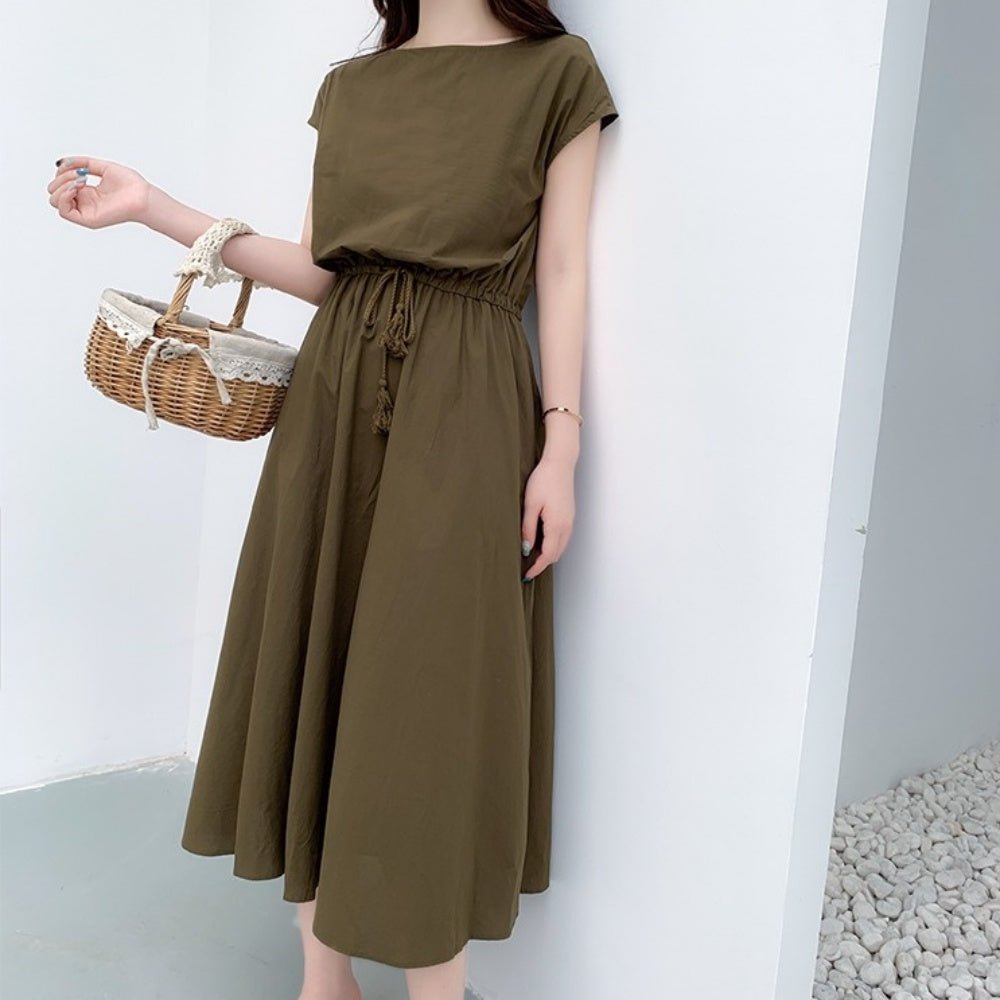 オフィスカジュアル 夏 ボートネックウエスト切り替えワンピース ミレジェネ