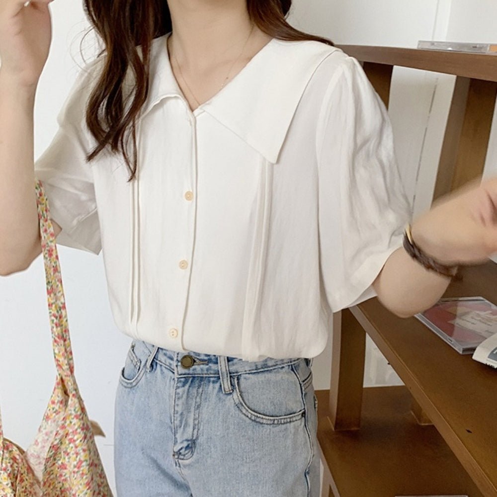 大きめ襟ピンタック半袖ブラウス|オフィスカジュアル レディース 通販 Millennial Generation【ミレジェネ】