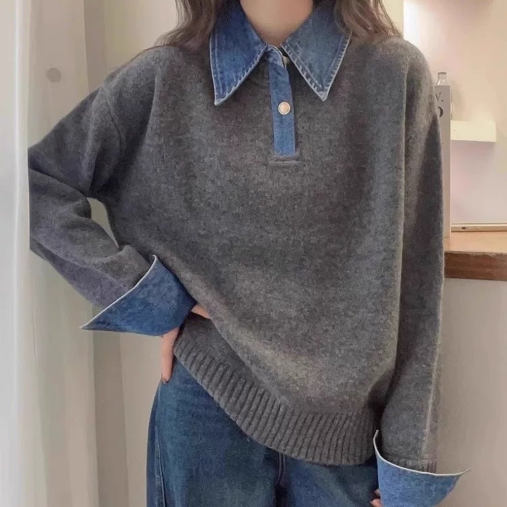 襟袖デニムフェイクレイヤードニット|オフィスカジュアル レディース 通販【ミレジェネ】