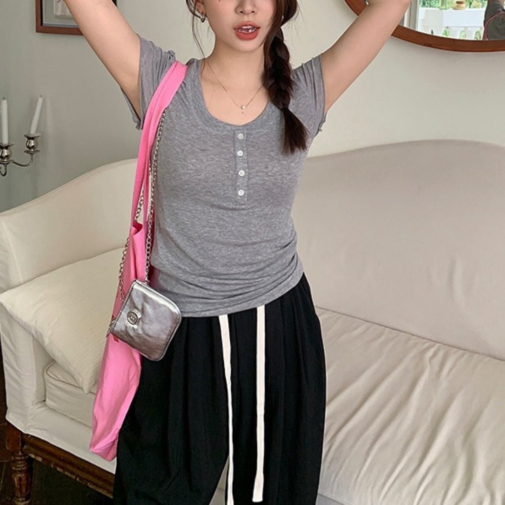 オフィスカジュアル 夏 スリムインナーヘンリーネック半袖トップス ミレジェネ