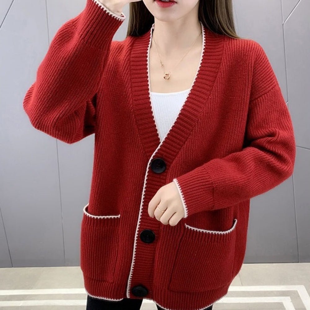 Vネック配色ラインカーディガン|オフィスカジュアル レディース 通販【ミレジェネ】