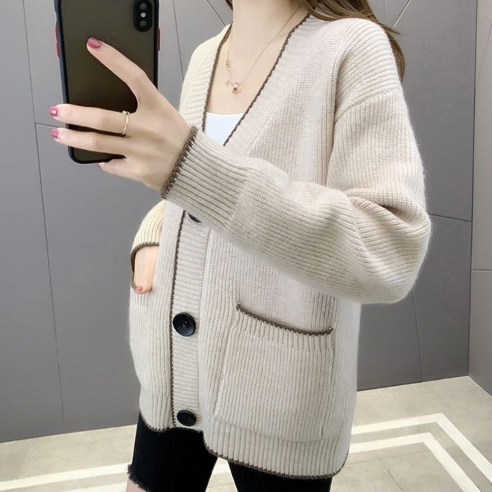 Vネック配色ラインカーディガン|オフィスカジュアル レディース 通販【ミレジェネ】