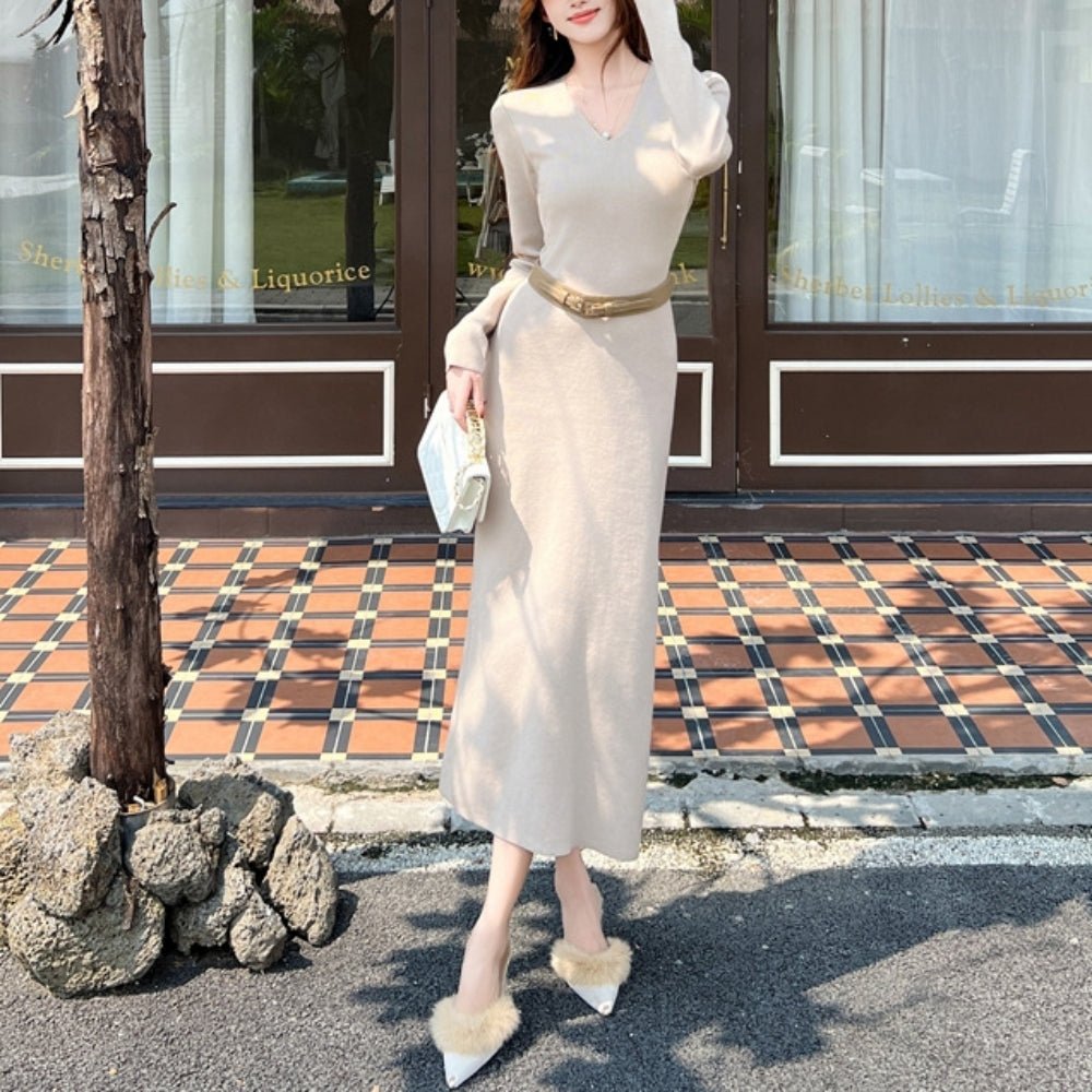 Vネックロングニットワンピース|オフィスカジュアル レディース 通販【ミレジェネ】