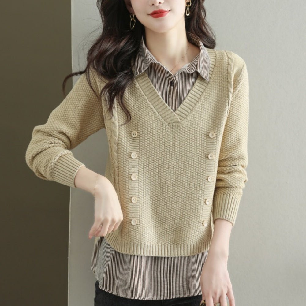 Vネックセーター+ストライプシャツ|オフィスカジュアル レディース 通販【ミレジェネ】