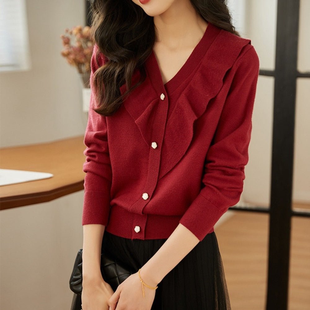 Vネックフリルニットカーディガン|オフィスカジュアル レディース 通販【ミレジェネ】