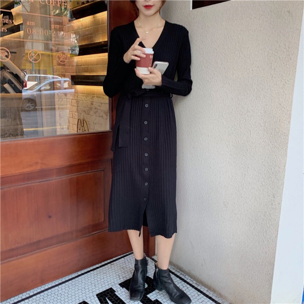 フロントボタンVネックニットワンピース|オフィスカジュアル レディース 通販【ミレジェネ】