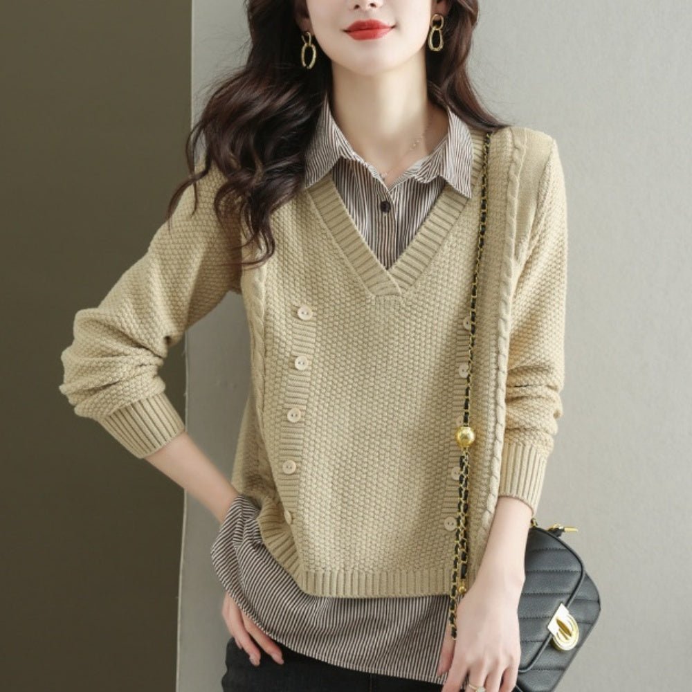 Vネックセーター+ストライプシャツ|オフィスカジュアル レディース 通販【ミレジェネ】