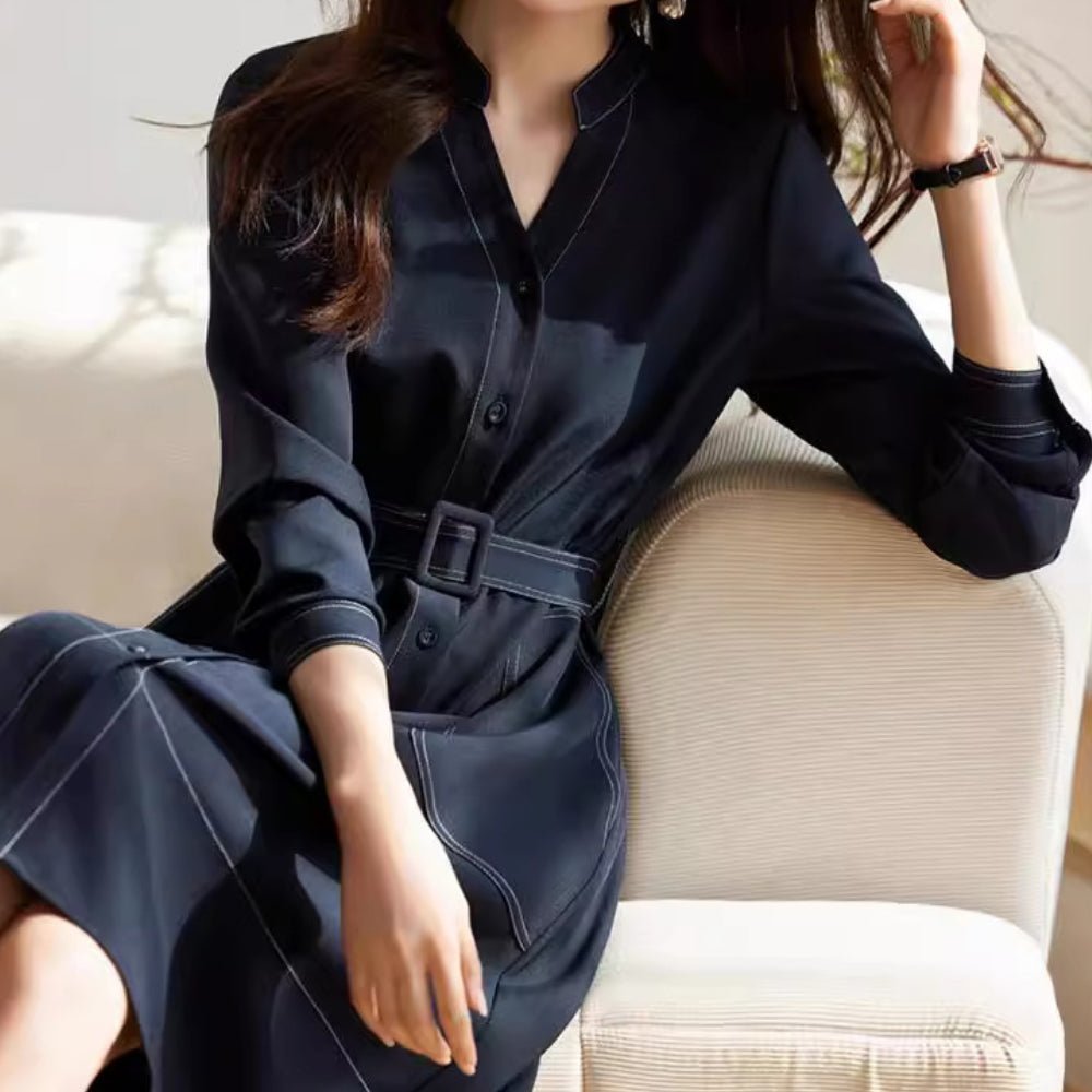 ベルト付きVネック前ボタンワンピース|オフィスカジュアル レディース 通販【ミレジェネ】