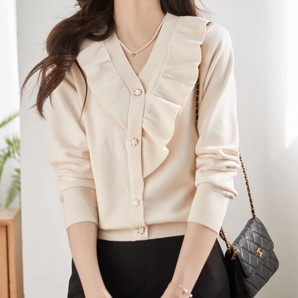 Vネックフリルニットカーディガン|オフィスカジュアル レディース 通販【ミレジェネ】