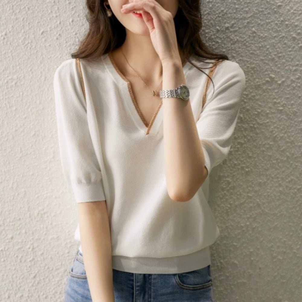 ゴールドラインVネック半袖ニット|オフィスカジュアル レディース 通販【ミレジェネ】