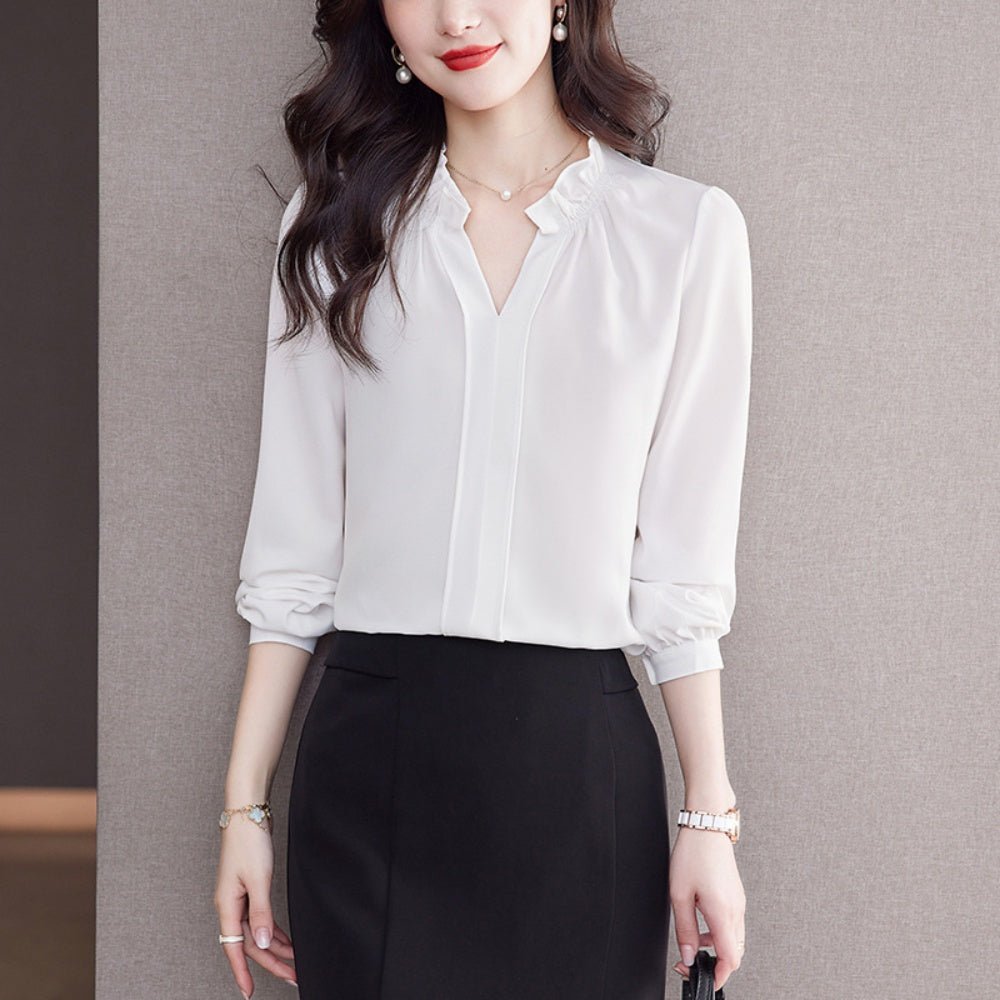 Vネックフリルブラウス|オフィスカジュアル レディース 通販【ミレジェネ】