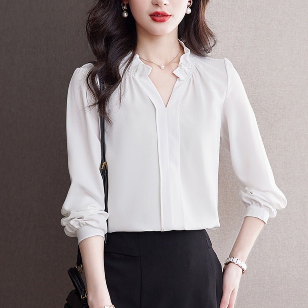 Vネックフリルブラウス|オフィスカジュアル レディース 通販【ミレジェネ】