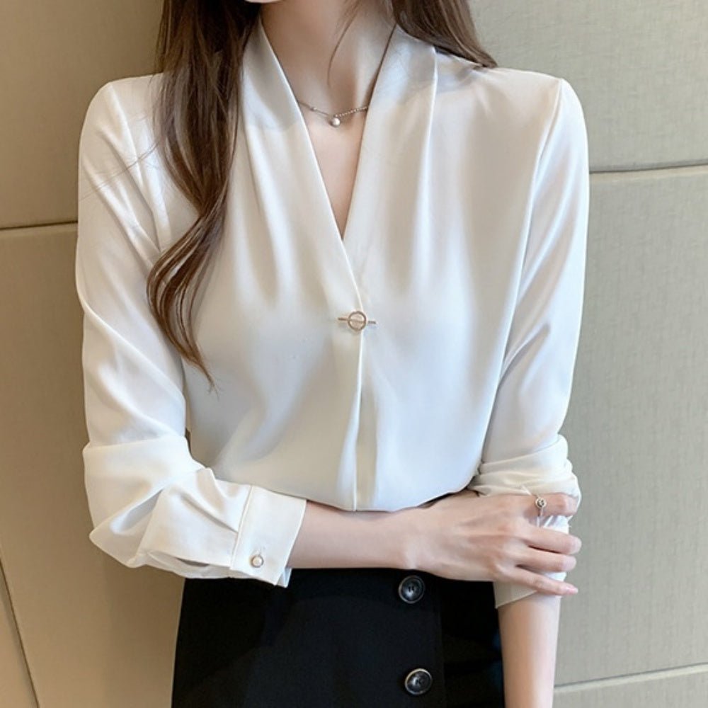 Vネックシフォン長袖ブラウス|オフィスカジュアル レディース 通販【ミレジェネ】
