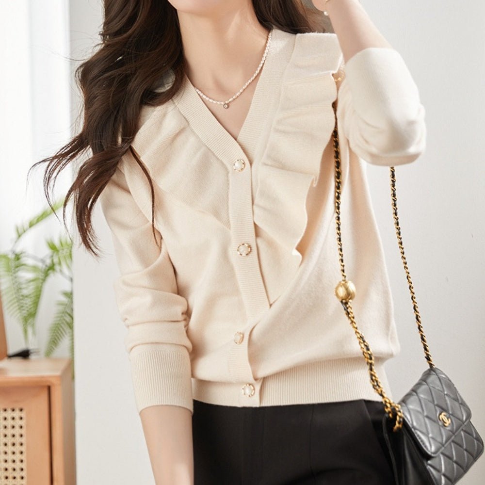 Vネックフリルニットカーディガン|オフィスカジュアル レディース 通販【ミレジェネ】