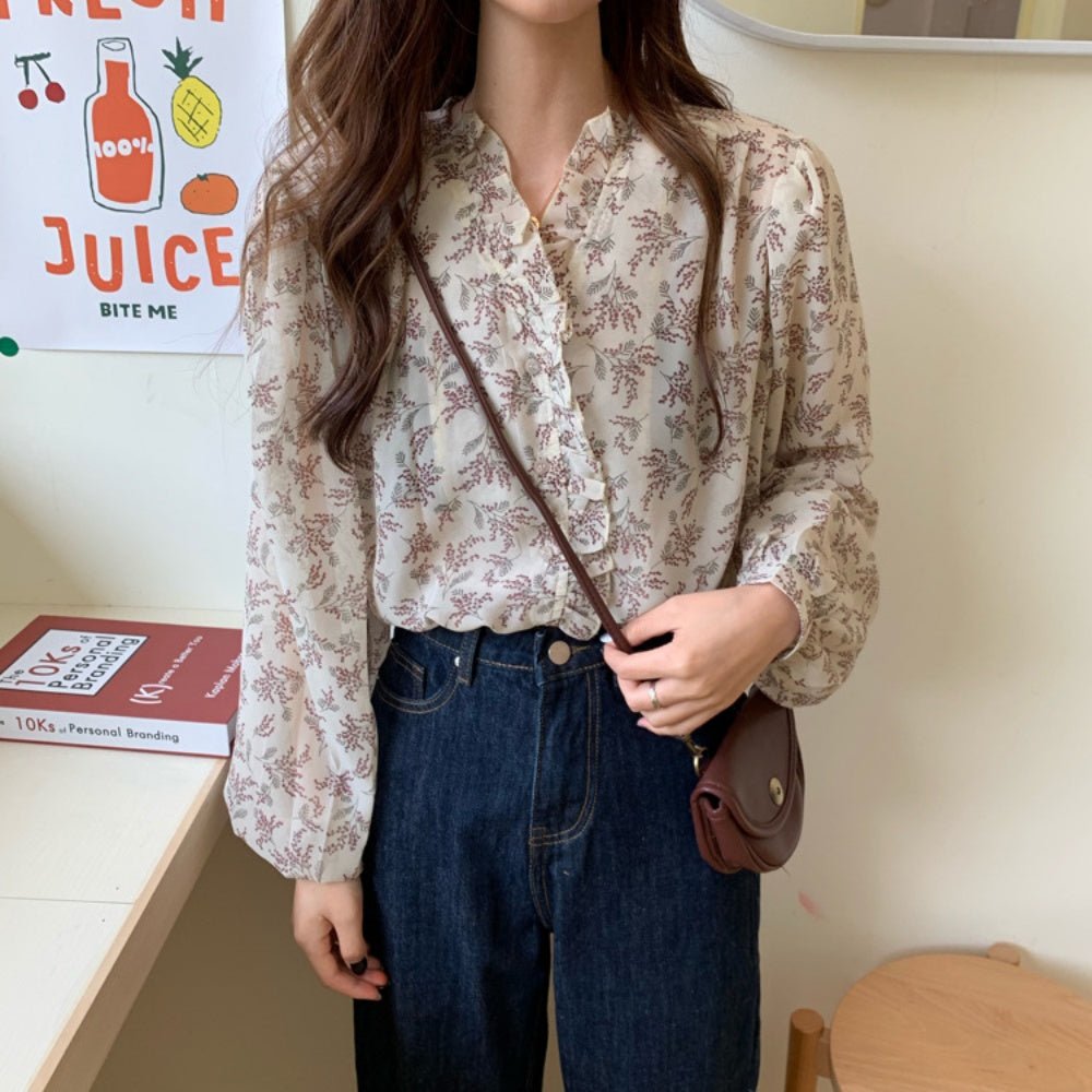 花柄フリルVネックブラウス|オフィスカジュアル レディース 通販【ミレジェネ】