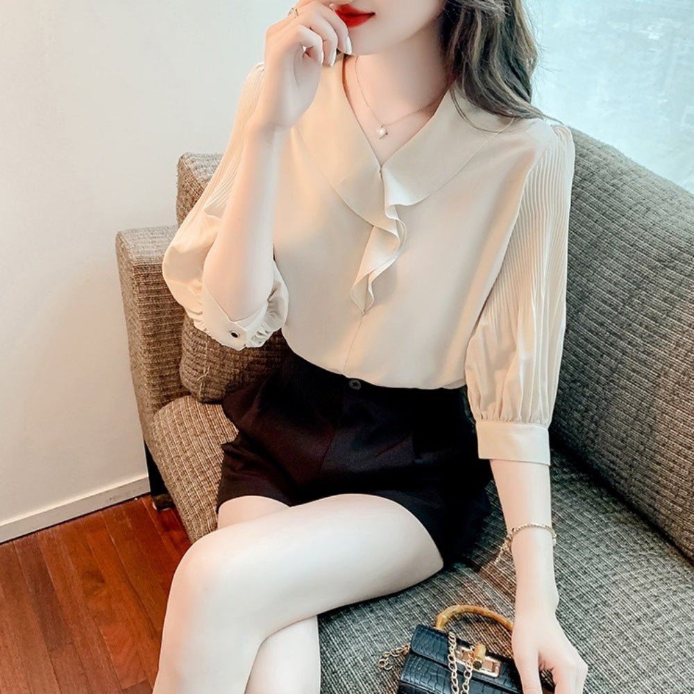 プリーツ袖フリルVネックブラウス|オフィスカジュアル レディース 通販【ミレジェネ】