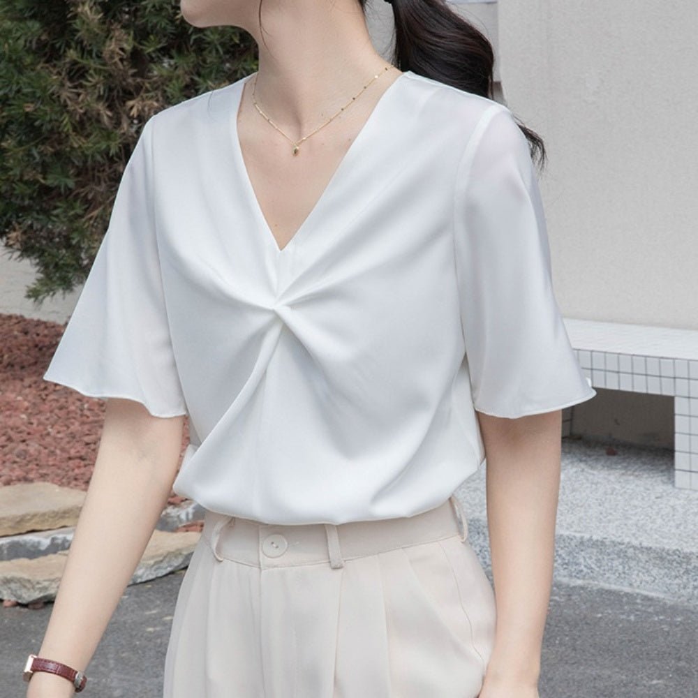 フロントギャザーVネックブラウス|オフィスカジュアル レディース 通販【ミレジェネ】
