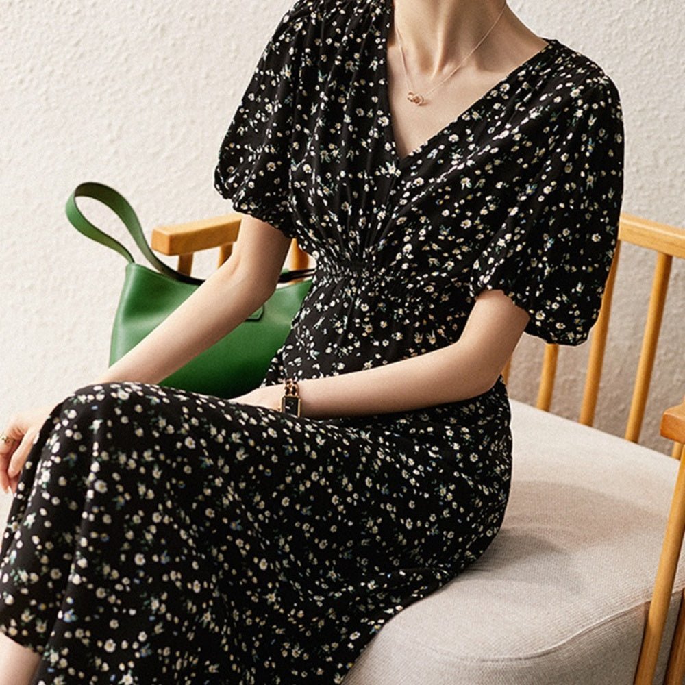 Vネック花柄シフォンワンピース|オフィスカジュアル レディース 通販【ミレジェネ】