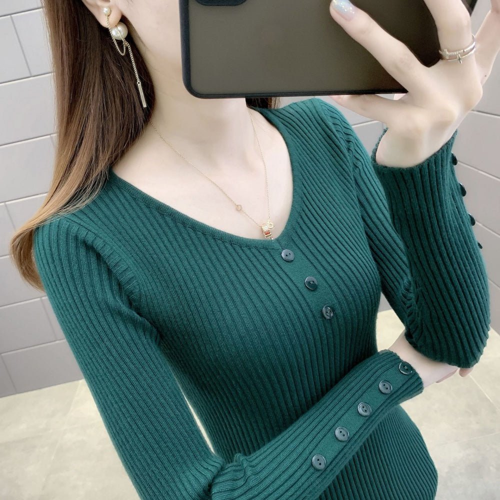 Vネックボタンリブニット|オフィスカジュアル レディース 通販【ミレジェネ】