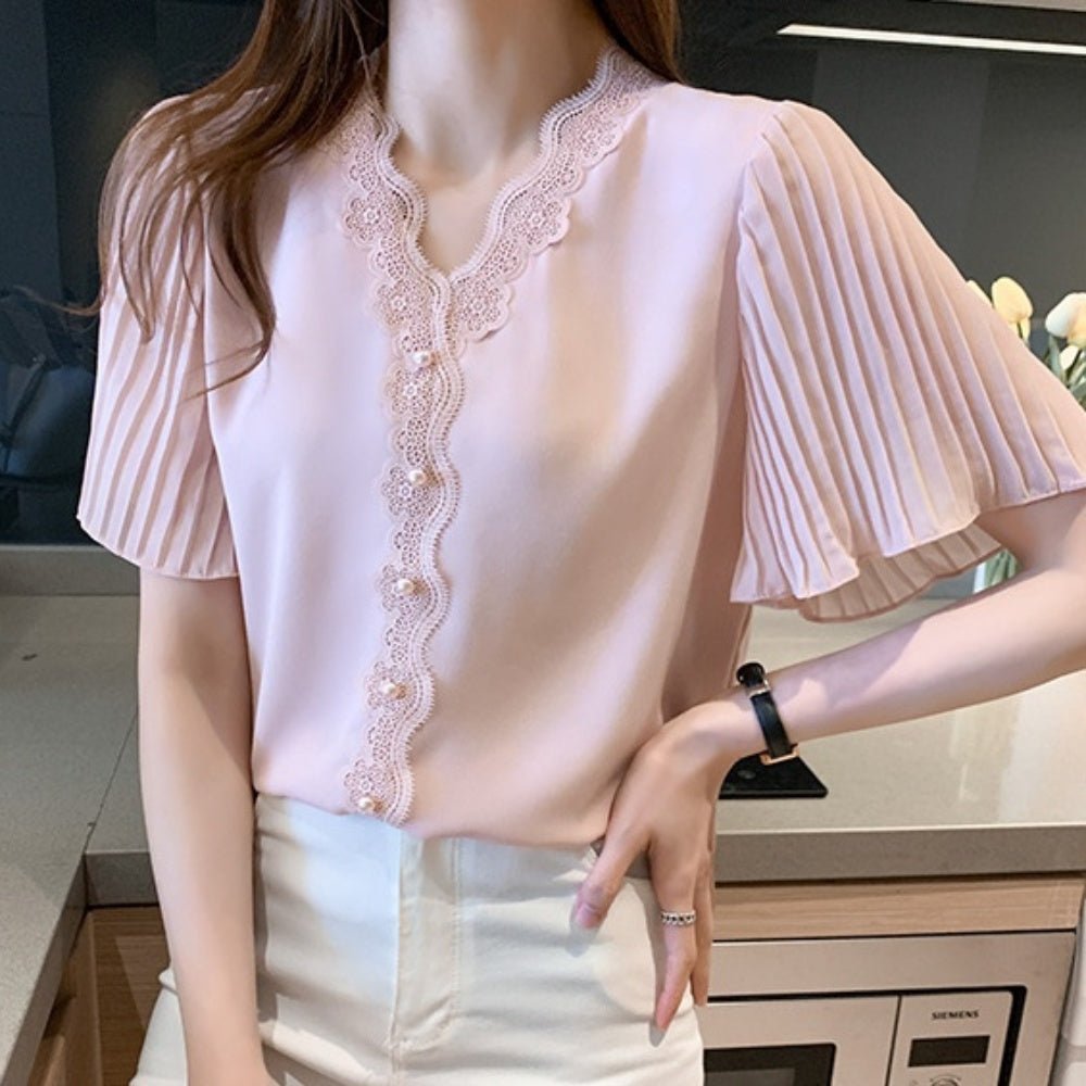 袖プリーツレース飾りVネック半袖ブラウス|オフィスカジュアル レディース 通販 Millennial Generation【ミレジェネ】