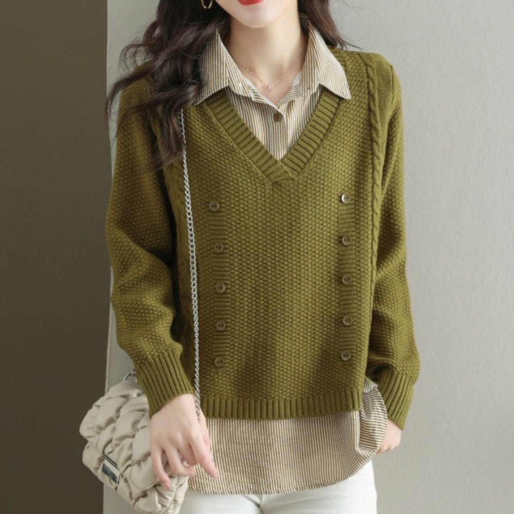 Vネックセーター+ストライプシャツ|オフィスカジュアル レディース 通販【ミレジェネ】